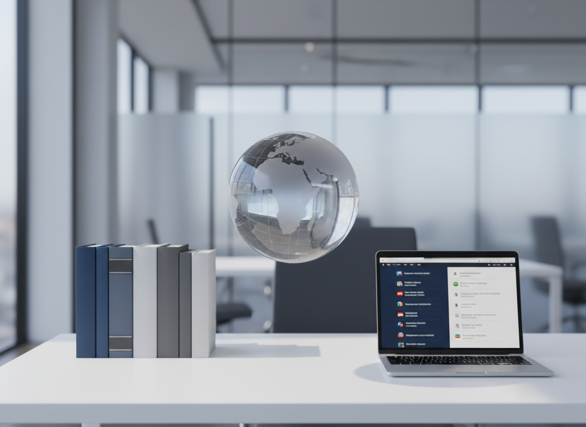 A sleek glass globe etched with fine, precise world map lines floats above a minimalist white desk, surrounded by neatly arranged language reference books and a slim silver laptop displaying a multilingual interface. The environment is a bright, modern office with clean lines, frosted glass partitions, and a neutral color palette of whites, soft grays, and muted blues. Soft daylight pours in from large unseen windows, creating gentle reflections on the globe’s surface and subtle shadows across the desk. Photographic realism, eye-level composition, and shallow depth of field keep the globe in sharp focus while the background softly blurs. The mood is professional, calm, and forward-looking, emphasizing global communication and precise translation work.