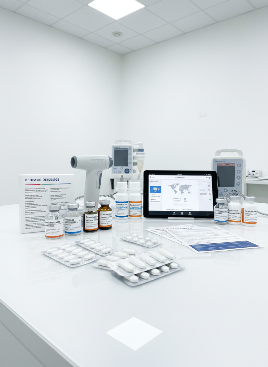 An array of high-tech medical devices and pharmaceutical packaging, each labeled in multiple languages with flawless typography, arranged on a reflective white surface in a spotlessly clean environment. Clear blister packs, sterile vials with multilingual instructions, and a sleek tablet displaying a localized medical app interface form a carefully organized composition. Bright, diffused clinical lighting eliminates harsh shadows and creates a pristine, hygienic atmosphere. Shot from a slightly elevated angle in photographic realism, the image uses sharp focus throughout to emphasize legibility and regulatory compliance. The mood is exacting and trustworthy, highlighting the precision and cultural sensitivity required for healthcare translation and localization services.