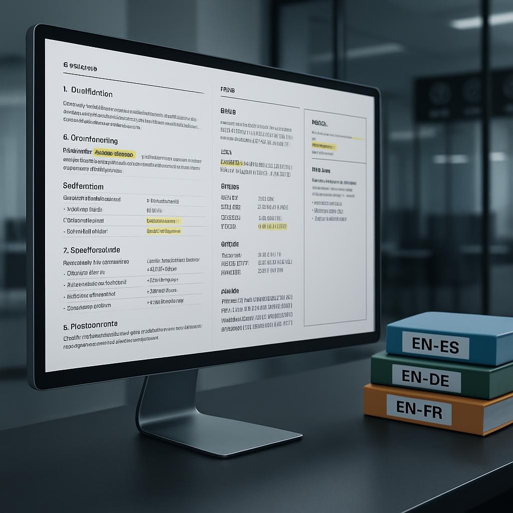 A close-up of a large, ultra-thin computer monitor displaying a complex bilingual technical document with neatly aligned columns, glossary annotations, and highlighted terminology, all rendered in crisp detail. The screen sits on a matte black desk with a smooth texture, beside organized stacks of color-coded project folders labeled with different language pairs. In the background, glass-walled meeting rooms and a digital world clock display are softly out of focus. Cool, diffused office lighting blends with faint natural daylight, producing clean, neutral tones. Shot from a slightly angled side view with a professional, photographic style, the composition uses the rule of thirds to draw attention to the clarity and precision of the on-screen translation, conveying trust, accuracy, and technical expertise.